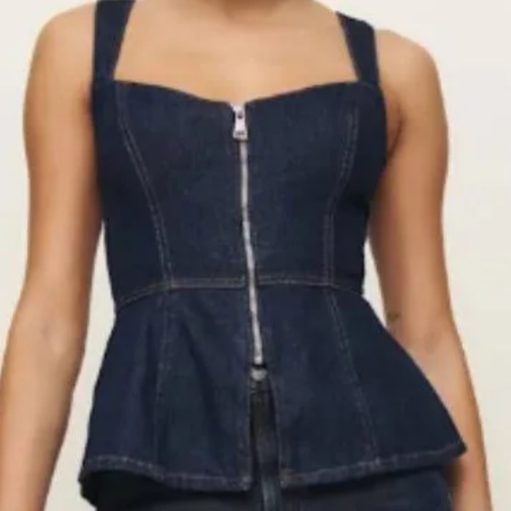 Reformation Dark Blue Denim Peplum Zip Front Tank